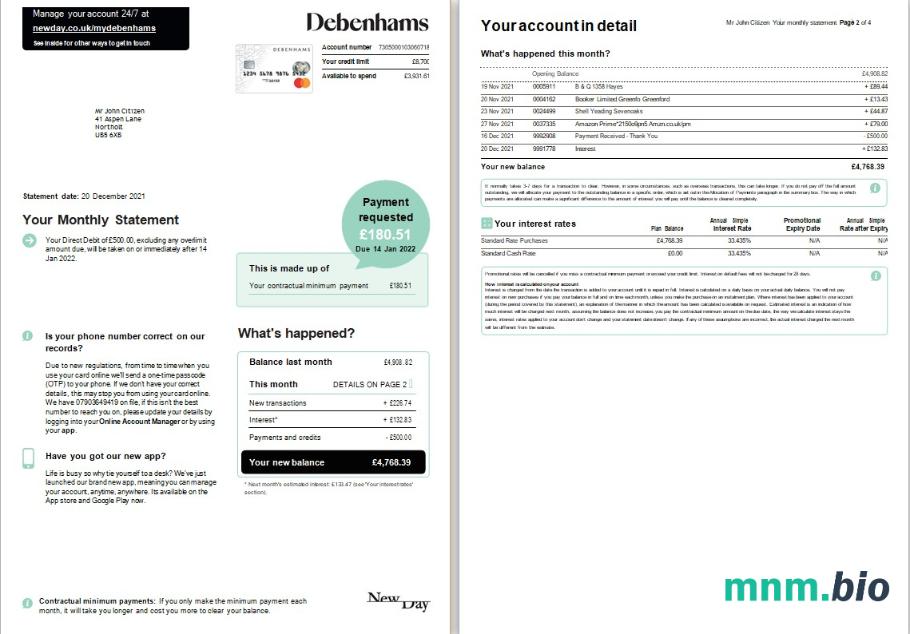 Wielka Brytania Debenhams card Miesięczne oświadczenie Word i PDF szablon, 4 Strony 1 2